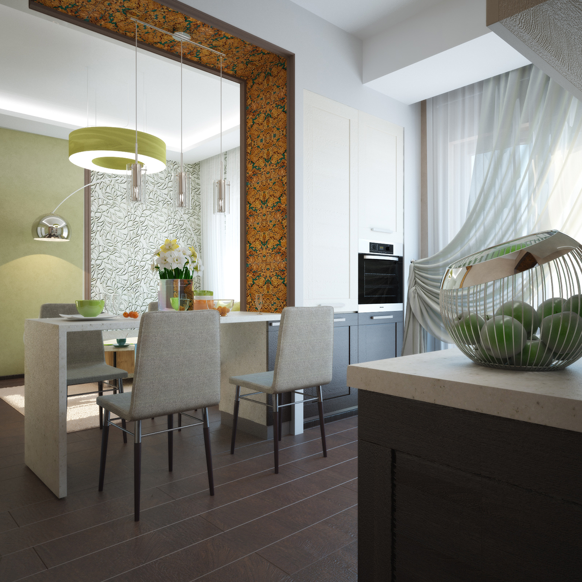 Разработка дизайна для коттеджа в поселке Ямное: кухня и гостиная, фото 1