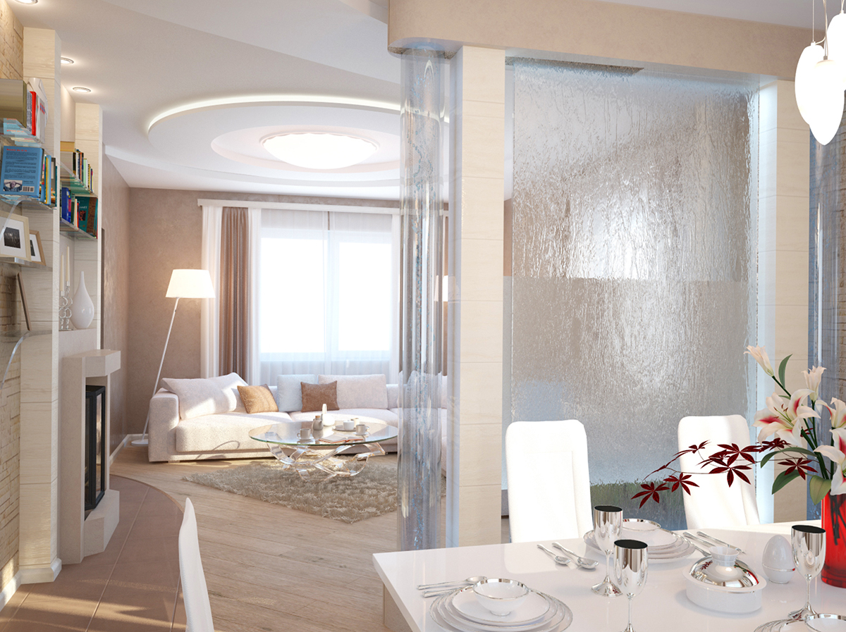 Разработка дизайна интерьера для коттеджа в Воронеже: вид на гостиную из кухни Разработка дизайна интерьера для коттеджа в Воронеже: вид на гостиную из кухни