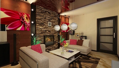 Дизайн интерьера гостиной с камином