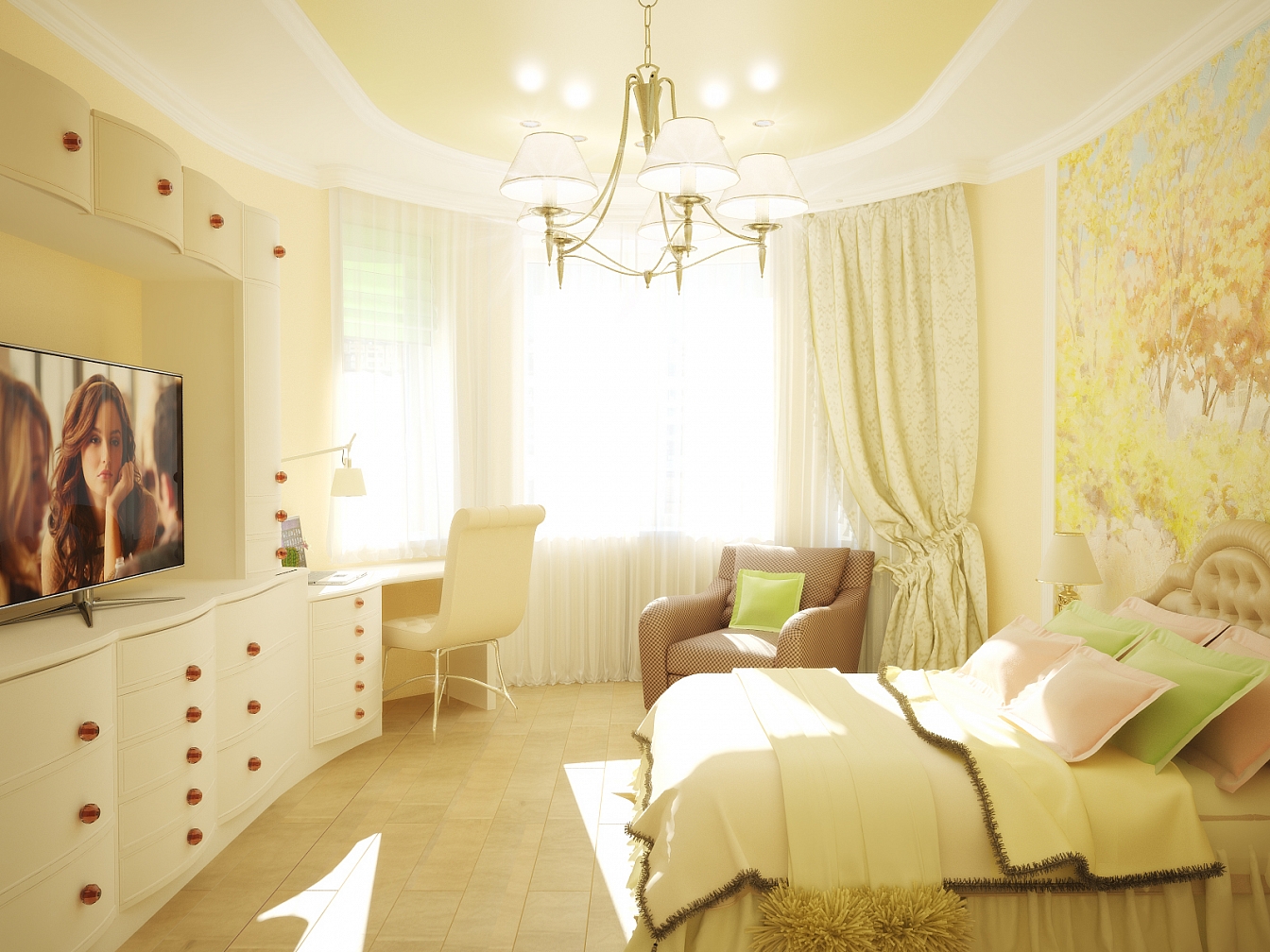 Разработка и реализация дизайн проекта коттеджа в поселке Ямное: спальня, фото 1 Разработка и реализация дизайн проекта коттеджа в поселке Ямное: спальня, фото 1